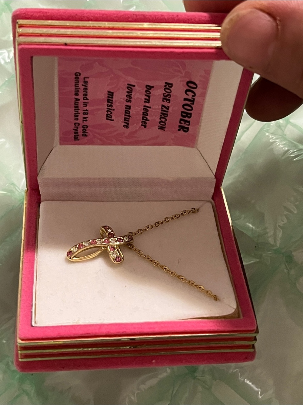 October Rose Zircon Gold Ribbon Pendant Necklace - Pink Accents